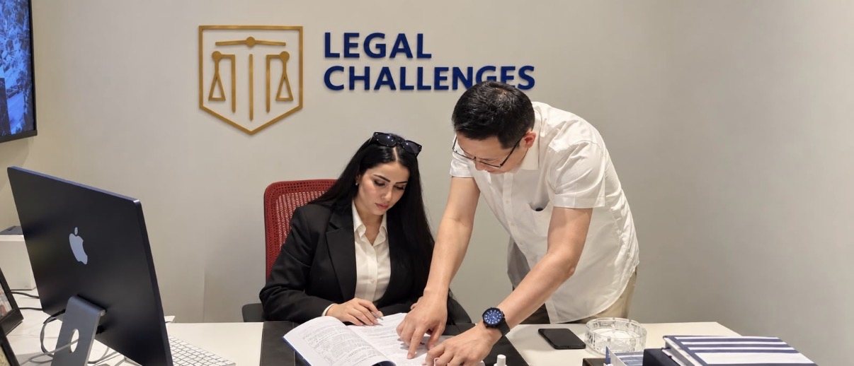 Ghufran Zuhair, Managing Director, reviewing documents with a Chinese partner at the Legal Challenges office in Baghdad
